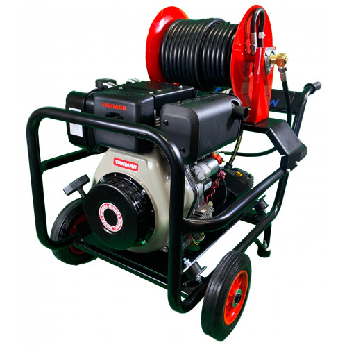 Maxflow Industrial Pressure Washer Yanmar L100 V Interpump 15 LPM Trolley Frame Reel